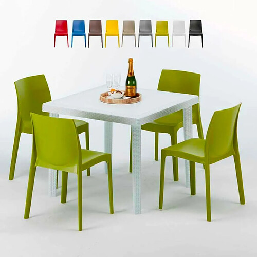 Table Carrée Blanche 90x90cm Avec 4 Chaises Colorées Grand Soleil Set Extérieur Bar Café Rome Love, Couleur: Anis vert