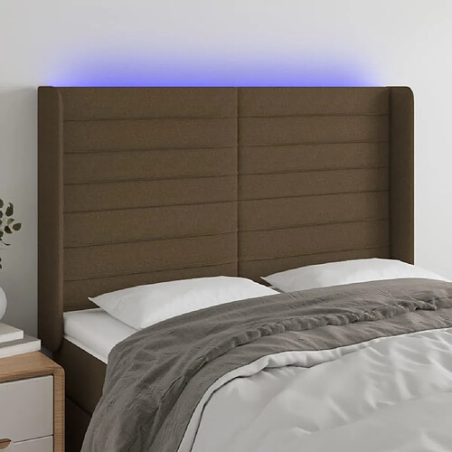 Maison Chic Tête de lit scandinave à LED,meuble de chambre Marron foncé 147x16x118/128 cm Tissu -MN84360