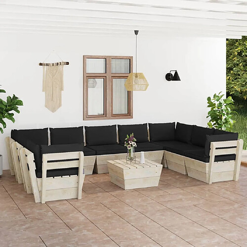 vidaXL Salon de jardin palette 10 pcs avec coussins bois d'épicéa