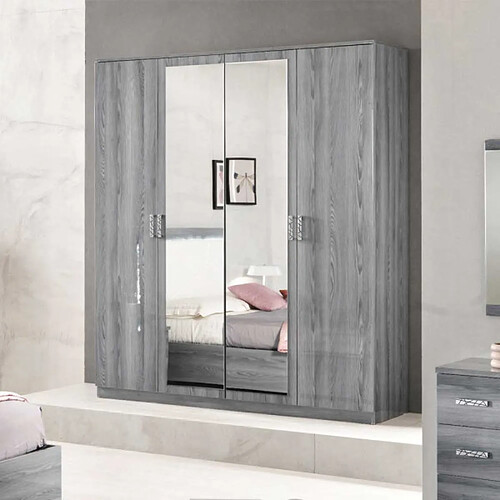 Dansmamaison Armoire 4 portes battantes 2 miroirs Laqué Gris Brillant - FENY