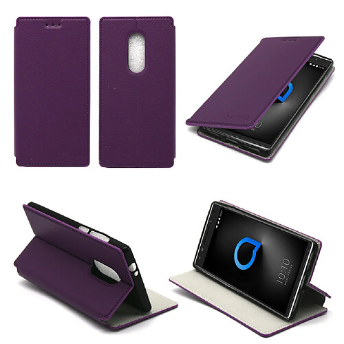 Alcatel 5 4G : Etui violet Slim Style Cuir avec stand - Housse noire coque anti choc de protection smartphone pour Alcatel 5 smartphone 2018 - Accessoires pochette case XEPTIO