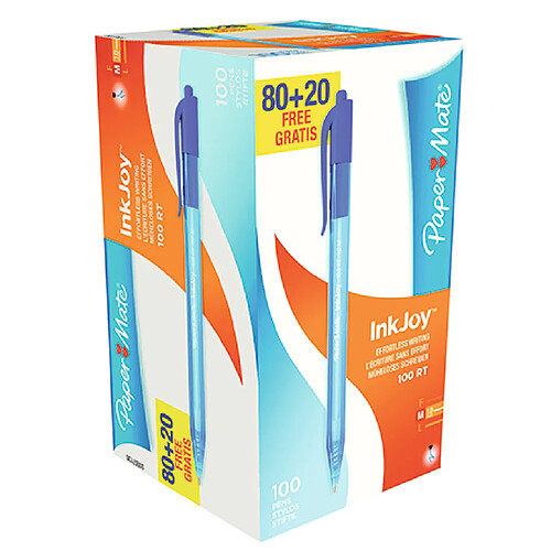 Paper Mate Stylo bille Papermate Inkjoy 100 rétractable bleu - Lot de 100 dont 20 gratuits