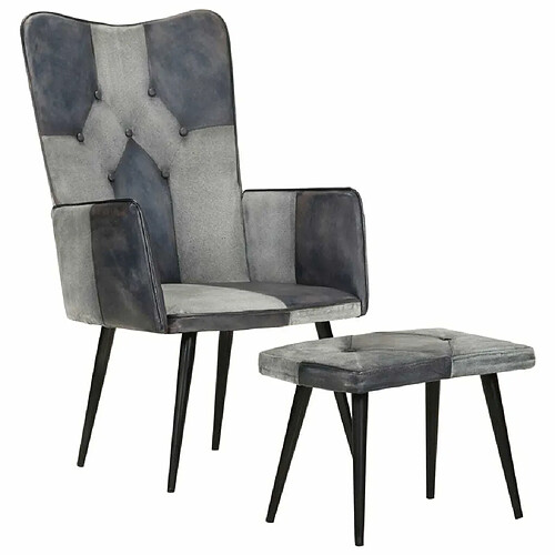 Maison Chic Fauteuil et repose-pieds,Fauteuil luxe pour relax Gris Cuir véritable et toile -MN45853