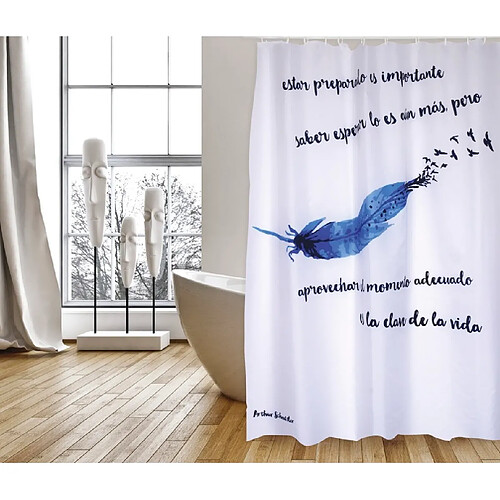 MSV Rideau de douche Polyester PLUMA 180x200cm QUALITÉ PREMIUM Blanc & Bleu - Anneaux inclus