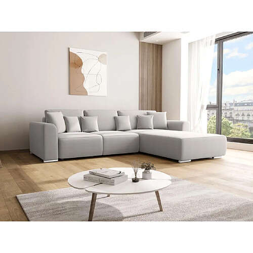 Vente-Unique Canapé d'angle convertible et réversible en tissu gris clair MELTANA