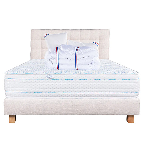 LUXURY LITERIE Ensemble matelas Thermotec 140x190 cm + sommier beige ep20cm + 2 oreillers + couette + Tête de Lit