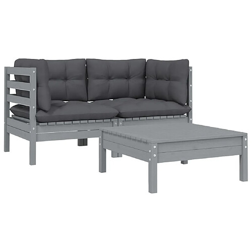 Maison Chic Salon de jardin 3 pcs + coussins - Mobilier/Meubles de jardin - Table et chaises d'extérieur Gris Bois de pin massif -MN25130