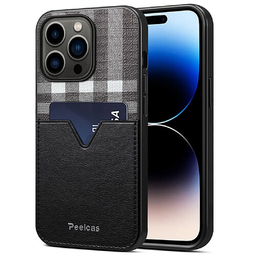 Coque en TPU + PU motif écossais, anti-rayures avec porte-carte pour votre iPhone 14 Pro Max - noir