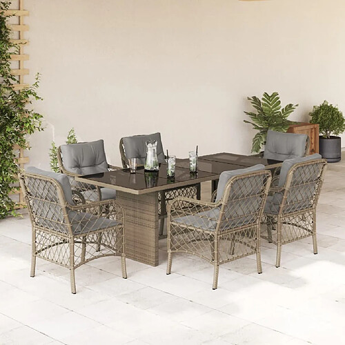 vidaXL Ensemble à manger de jardin coussins 7 pcs mélange beige rotin