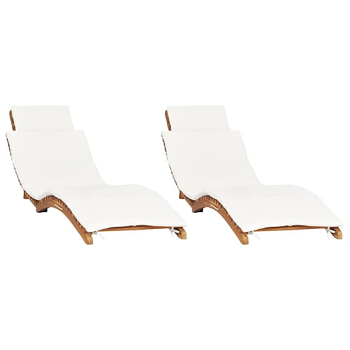 Helloshop26 Lot de 2 transats chaise longue bain de soleil lit de jardin terrasse meuble d'extérieur avec coussins bois massif de teck 02_0012069