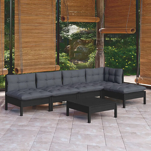 vidaXL Salon de jardin 6 pcs avec coussins Noir Bois de pin