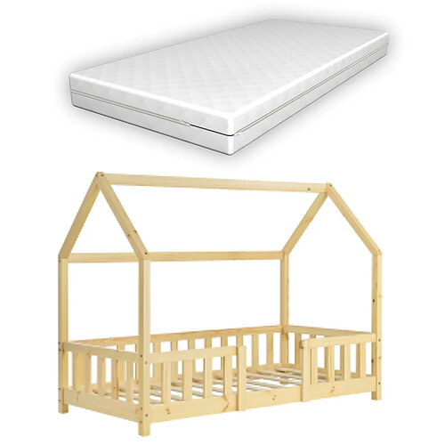 Lit d'enfant Forme Maison Sisimiut avec Matelas Orthopédique 140 x 70 cm Naturel [en.casa]