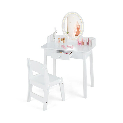 Helloshop26 Ensemble de coiffeuse pour enfants avec miroir éclairé coiffeuse de maquillage avec chaise éclairage led bicolore organisateur de blanc 20_0005025