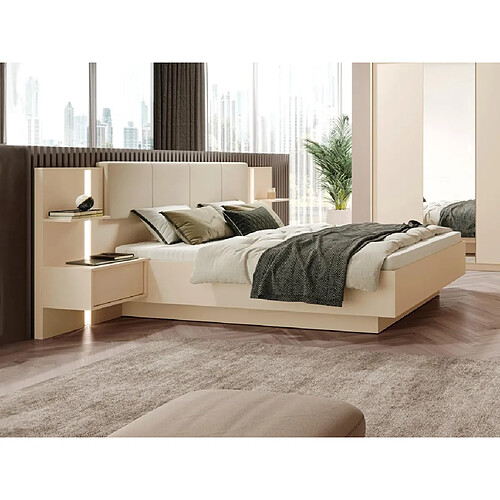 Vente-Unique Lit avec chevets 160 x 200 cm - Avec LEDs - Coloris : Beige + Sommier - ELYNIA