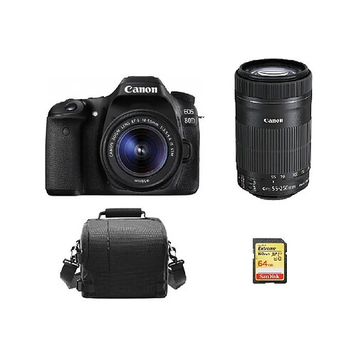 CANON EOS 80D KIT EF-S 18-55mm F3.5-5.6 IS STM + EF-S 55-250mm F4-5.6 IS STM (White Box) + 64GB SD card + camera Bag