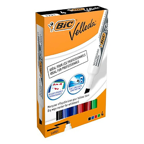 Marqueur effaçable Bic Velleda 1791 pointe biseautée de 3,3 à 4,6 mm - Pochette de 4 couleurs assorties