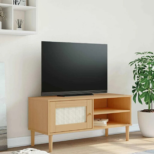 Maison Chic Meuble TV scandinave - Banc TV pour salon SENJA aspect rotin marron 106x40x49cm bois massif pin -MN55579