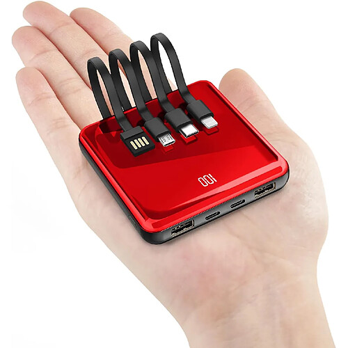 SANAG Powerbank Avec Câble, Batterie Externe 10 000 Mah, Mini Compacte Avec Chargeur Rapide Portable, Écran Led, 5 Sorties Et 3 Voies D'Entrée, Samsung Ipad Huawei, Etc. (Rouge)