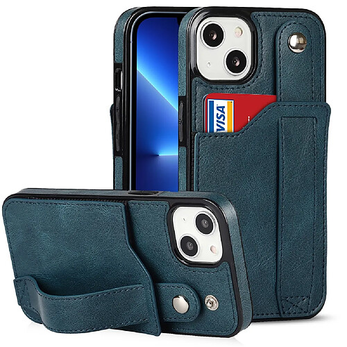 Coque en TPU + PU Fonction de blocage RFID, anti-rayures avec béquille pour dragonne et porte-carte saphire pour votre iPhone 13 6.1 pouces