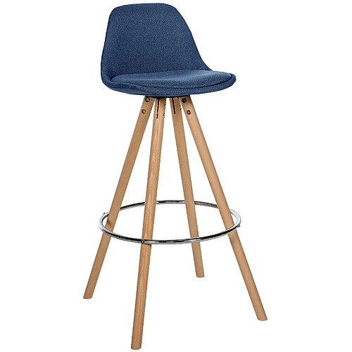 Decoshop26 Tabouret de bar chaise haute x1 repose-pieds style scandinave en tissu bleu structure en bois clair rond 10_0004636