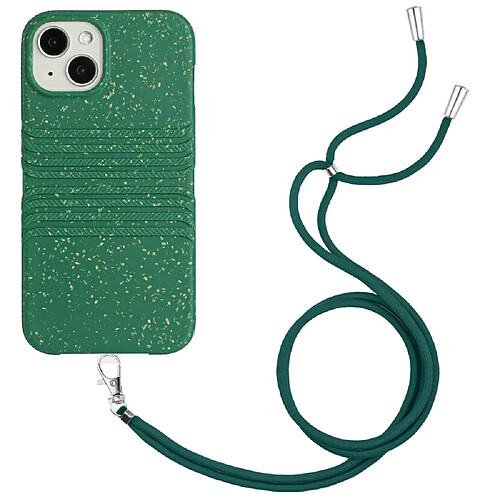 Coque en TPU + paille de blé entièrement biodégradable avec sangle pour votre iPhone 14 Plus - vert armé