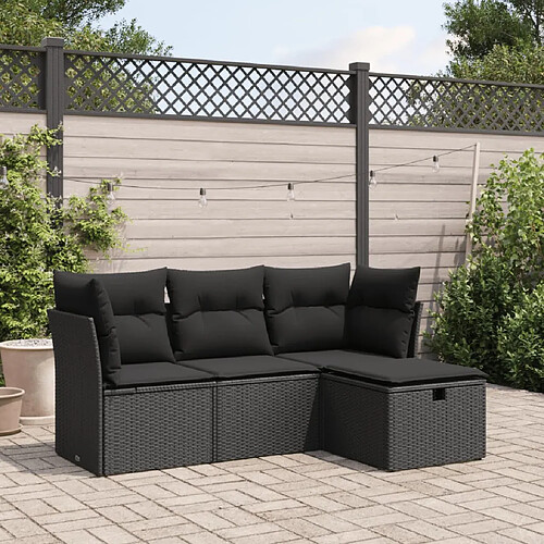 vidaXL Salon de jardin 4 pcs avec coussins noir résine tressée