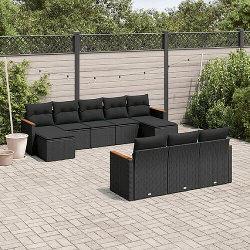 vidaXL Salon de jardin 10 pcs avec coussins noir résine tressée