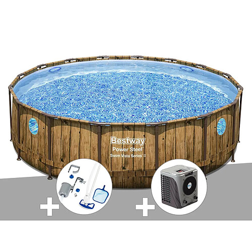 Kit piscine tubulaire ronde Bestway Power Steel avec hublots 4,88 x 1,22 m + Kit d'entretien Deluxe + Pompe à chaleur