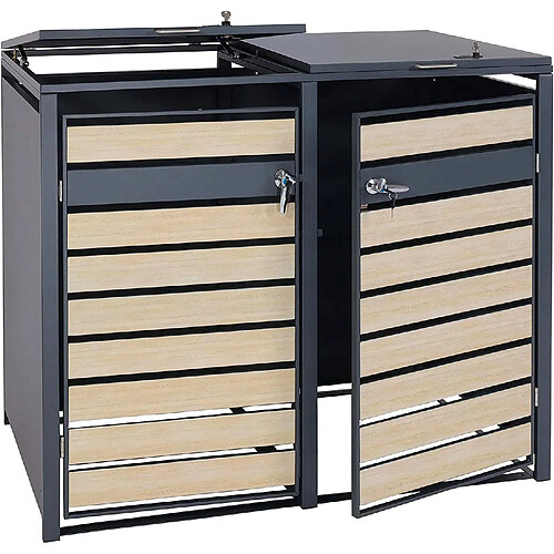 Decoshop26 Abri de poubelle en métal pour deux poubelles de 80 à 240 litres anthracite aspect bois d hêtre marron clair MDJ04174