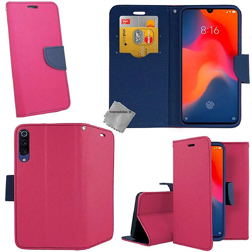 Htdmobiles Housse etui portefeuille pour Xiaomi Mi 9 + verre trempe - ROSE / BLEU