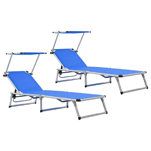 Helloshop26 Lot de deux chaises longues pliables et toit aluminium textilène bleu 02_0011956