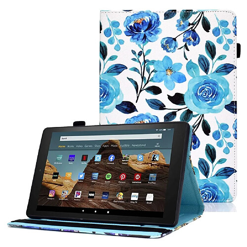 Etui en PU fermeture élastique, anti-chute avec support et porte-cartes pour votre Amazon Fire HD 8 (2016)/(2017)/(2018) - Rose bleue