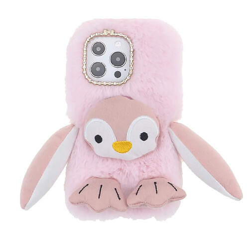 Coque en TPU Adorable pingouin en peluche à fourrure chaude, antichoc avec nœud papillon rose pour votre Apple iPhone 13 Pro 6.1 pouces