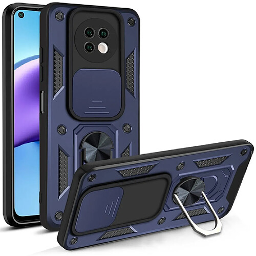 Coque en TPU antichoc, souple avec béquille en anneau et glissière pour appareil photo bleu pour votre Xiaomi Redmi Note 9T 5G/Redmi Note 9 5G