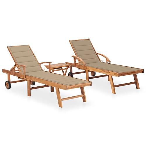 Helloshop26 Lot de 2 transats chaise longue bain de soleil lit de jardin terrasse meuble d'extérieur avec table et coussin bois de teck solide 02_0012094