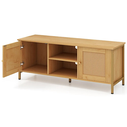 Helloshop26 Meuble TV jusqu'à 55 pouces table console multimédia en rotin pe 2 armoires étagère ouverte 5 pieds en métal centre de divertissement 2 trous naturel 20_0008883