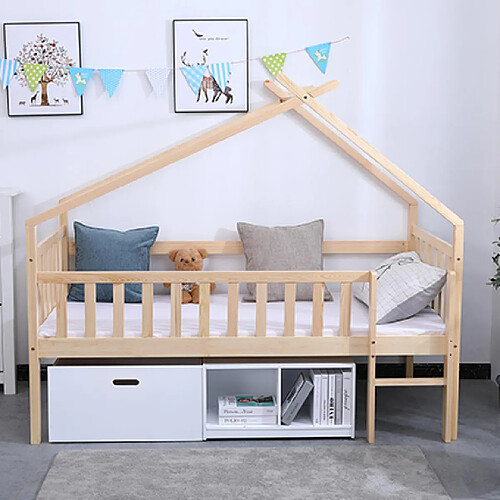 Mes Lit tipi enfant 90x190 cm en bois naturel et rangements blanc