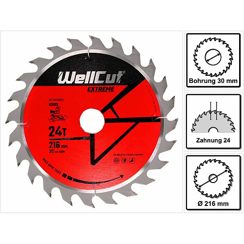 WellCut WC-M2163024 TCT Lame de scie 216 x 2,4 x 30 mm, 24 dents