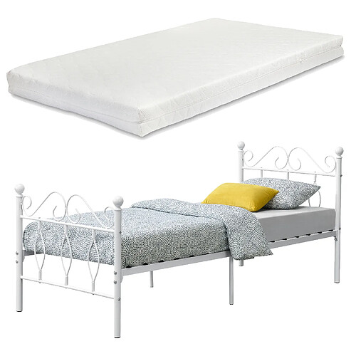 Cadre de Lit Simple Apolda en Métal Matelas 90x200 cm Blanc Mat [en.casa][neu.haus]