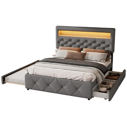 ComfortXL Lit Rembourré 140*200cm (90*200cm) Avec Tête De Lit Lumineuse - Gris