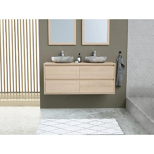 Vente-Unique Meuble de salle de bain avec double vasque à poser en pierre et miroir - Placage chêne - 120 cm - MILIPAM