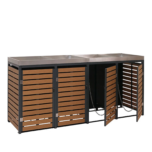 Decoshop26 Abris poubelles 4 compartiments avec bac à plantes 124 x 265 x 84 cm WPC acier inoxydable et acier galvanisé aspect teck 04_0007559