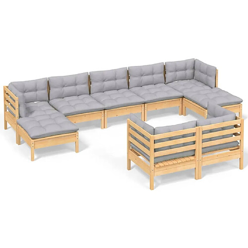 Maison Chic Salon de jardin 9 pcs + coussins - Mobilier/Meubles de jardin - Table et chaises d'extérieur gris bois de pin solide -MN51369