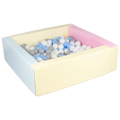 Velinda Piscine à balles carrée avec 300 balles - rose, bleu, jaune (pastel)/blanc, bleu clair, gris