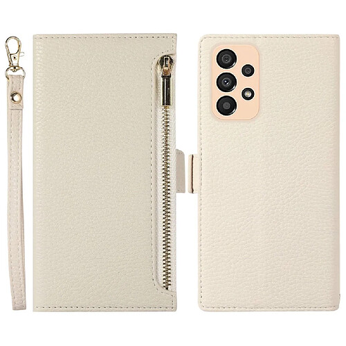 Etui en PU texture litchi avec support, pochette à fermeture éclair et sangle pour votre Samsung Galaxy A53 5G - blanc