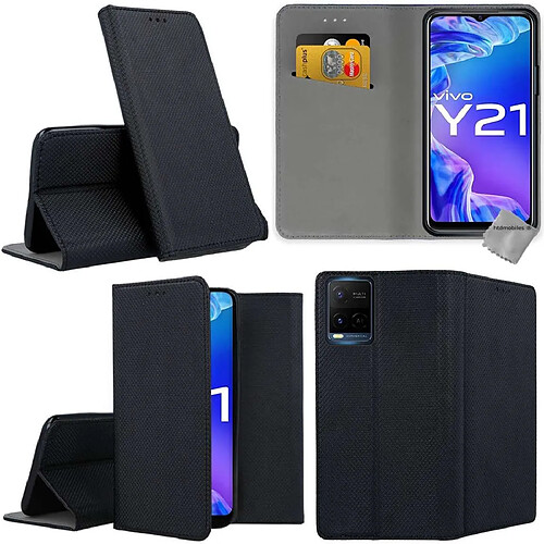 Htdmobiles Housse etui portefeuille avec coque intérieure en silicone pour Vivo Y21 / Y21s / Y33s + film ecran - NOIR MAGNET