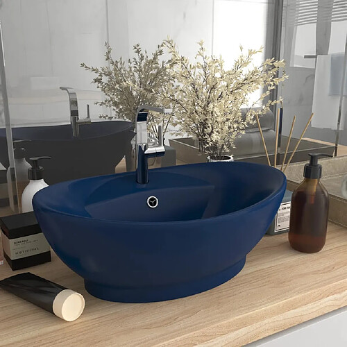 vidaXL Lavabo ovale à trop-plein Bleu foncé mat 58,5x39 cm Céramique