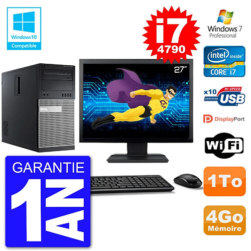 PC Tour DELL 9020 Ecran 27" Core i7-4790 RAM 4Go Disque 1To Graveur DVD Wifi W7 · Occasion