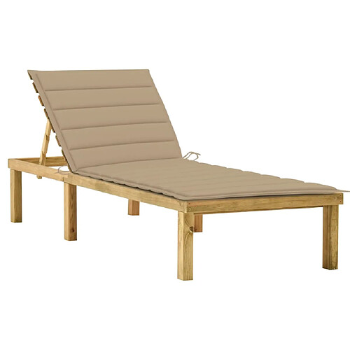 Helloshop26 Transat chaise longue bain de soleil lit de jardin terrasse meuble d'extérieur 200 cm avec coussin beige bois de pin imprégné 02_0012302