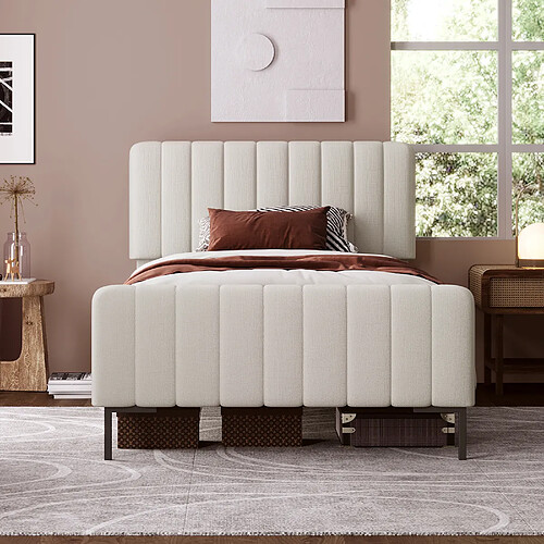 KOMHTOM Lit Simple Rembourré 90 X 200 cm - Cadre De Lit Avec Sommier À Lattes et Tête De Lit Réglable - Linge - Beige